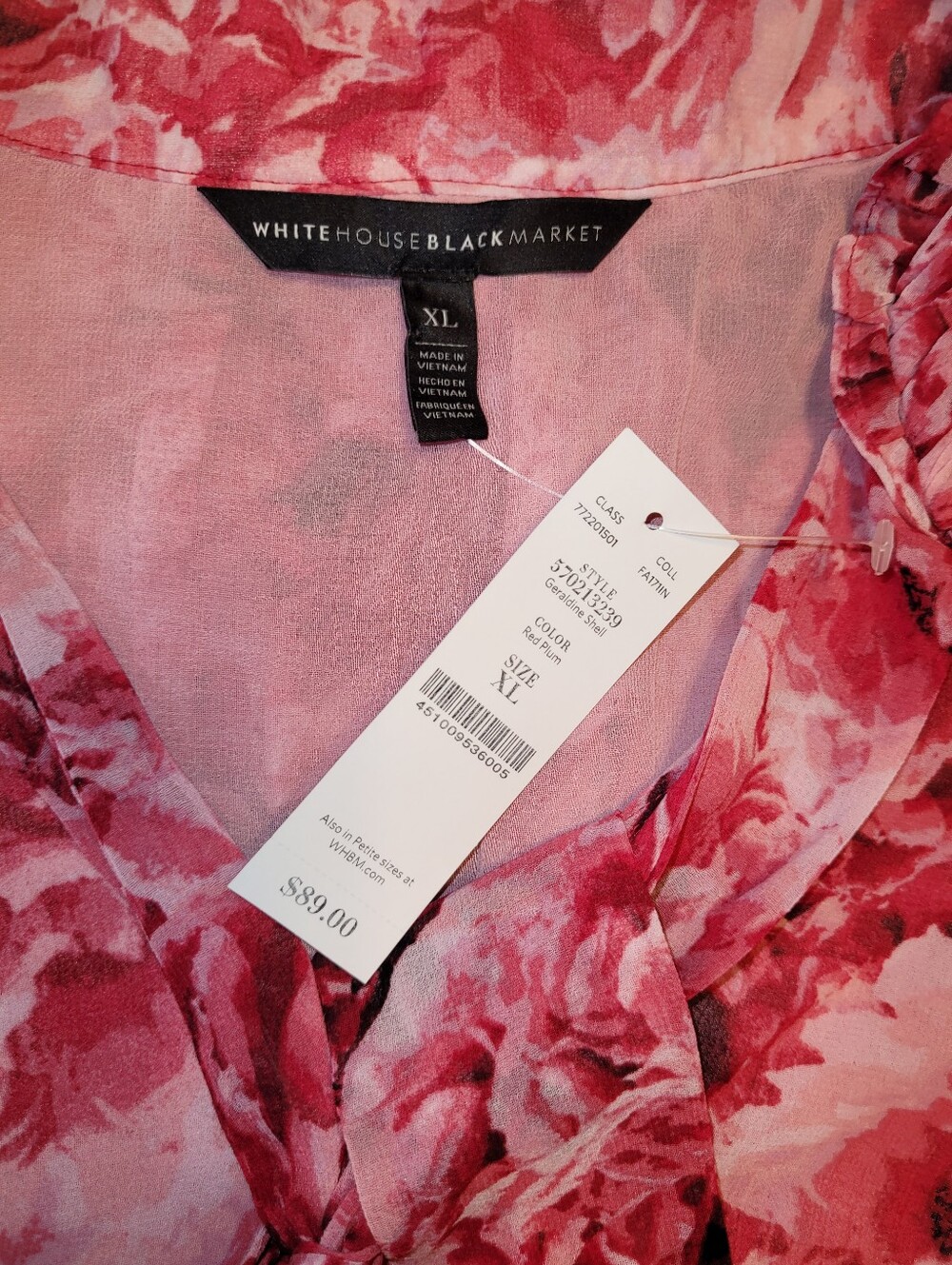 NWT-White House Black Market Sleeveless Pink Floral Ruffle V-Neck Top. XL - Picture 7 of 7